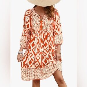 Boho Orange Patterned Peasant Dress